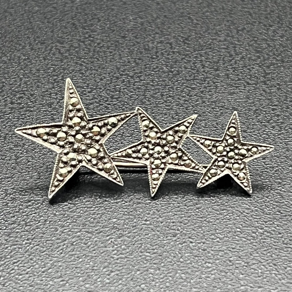 Sterling Silver Three-Star Marcasite Brooch Vintage Celestial Pin 925